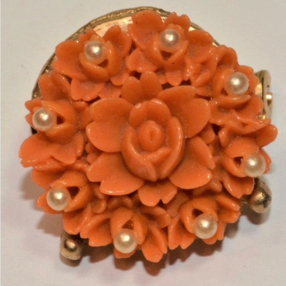 Vintage Rose Celluloid Coral
Brooch Pin with Pearls